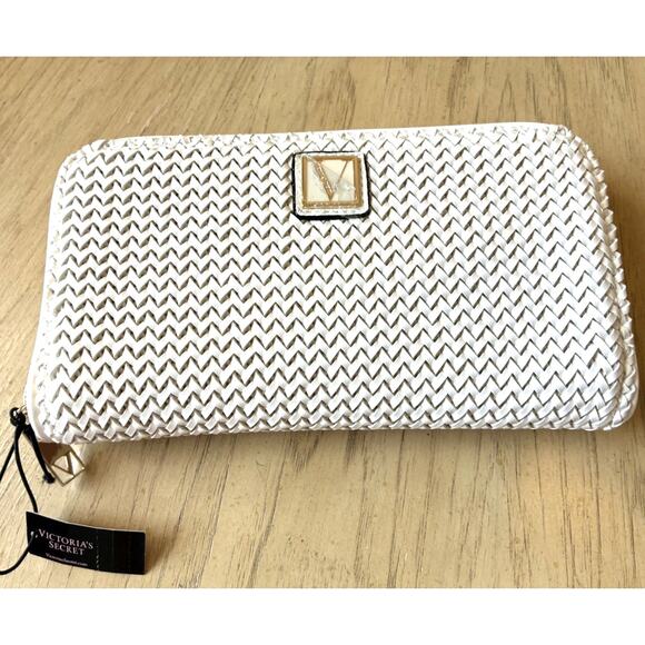 NWT VICTORIA'S SECRET The Victoria Wallet White Woven Coconut Texture Full Zip - Picture 8 of 14